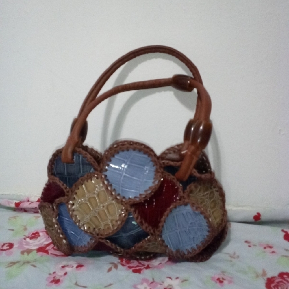 Patchwork Handbag - Brown, Blue, Red - image 1